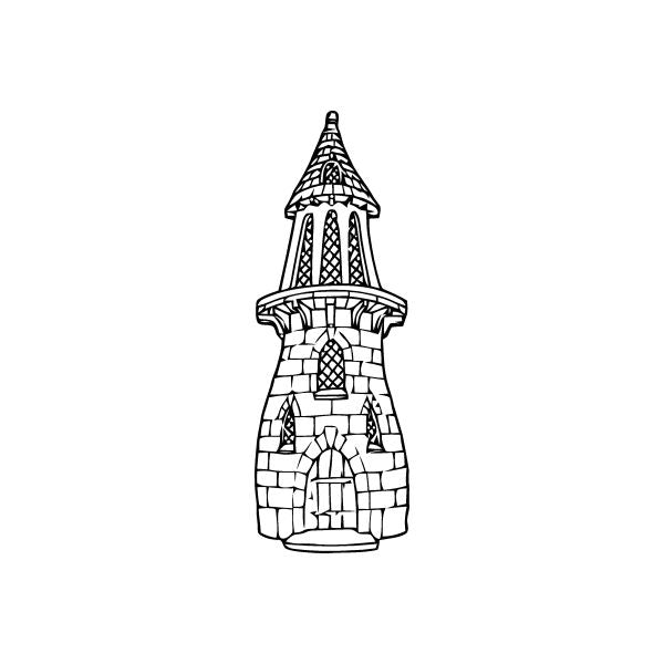 Castle tower decal with black line-art stone pattern and arched door