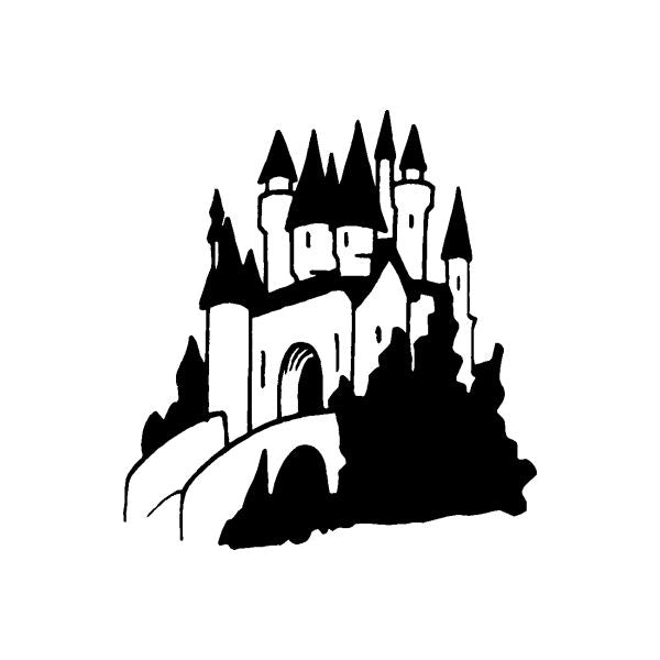 Castle silhouette wall decal with arched gate, black and white forest-style design