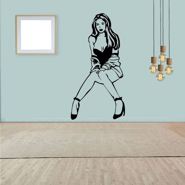 Wall decal with black line art of a woman in robe and high heels, standing pose