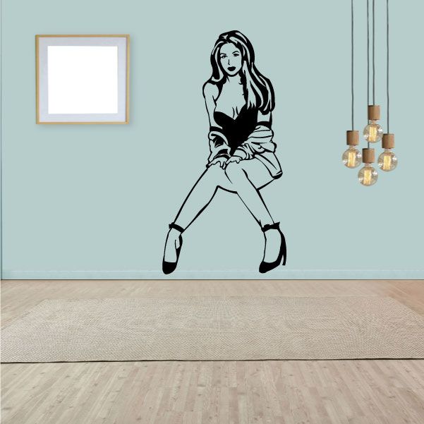 Wall decal with black line art of a woman in robe and high heels, standing pose