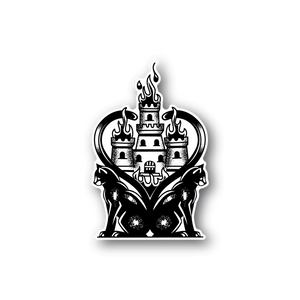 Vinyl sticker: black cat with white burning castle, heart flames
