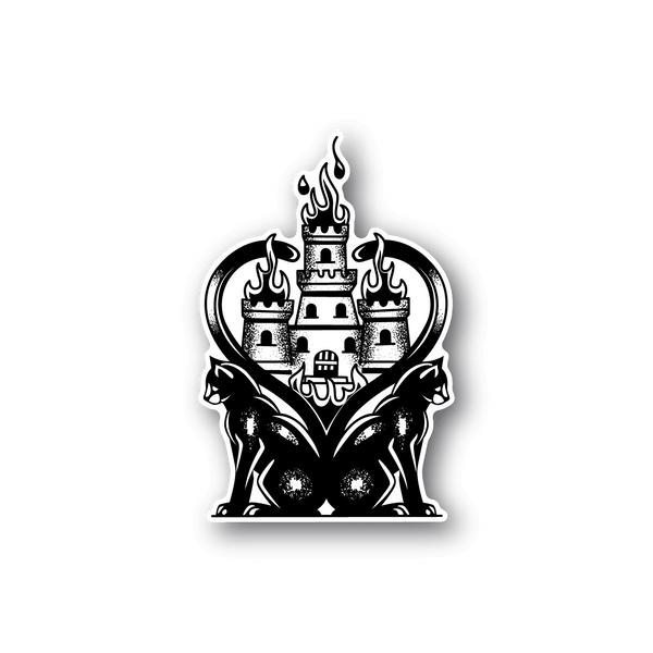 Vinyl sticker: black cat with white burning castle, heart flames