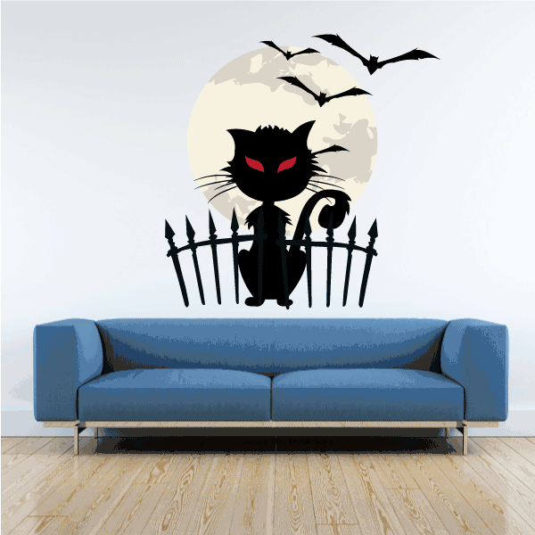 Image of Cat Fence with Bats and Moon Sticker