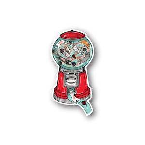 Vinyl sticker of a red gumball machine with a cat reaching down from the side