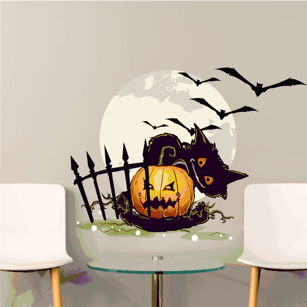 Cat with pumpkin and bats die-cut decal, black cat in front of orange pumpkin