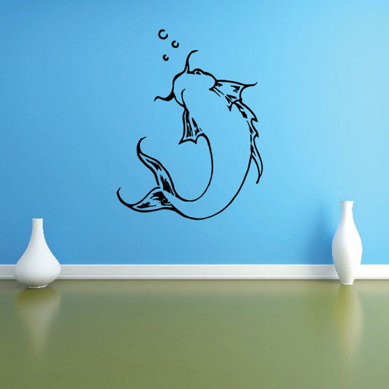 Catfish and bubbles decal, black outline catfish blowing three bubble marks