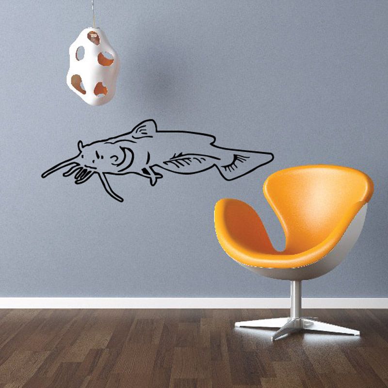 Catfish gliding decal: black outline catfish with orange accents and white water droplets.