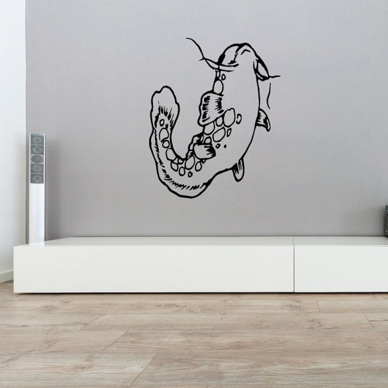 Catfish turning wall decal, black line-art fish with open mouth and hands