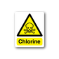 Chlorine warning sticker with yellow hazard triangle and skull icon