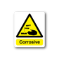 Corrosive caution sticker with yellow hazard triangle and hands icon, text 'Corrosive'.