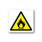 Caution fire sticker with yellow hazard triangle and flame icon on white rounded square