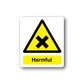 Warning harmful sticker with yellow triangle and black hazard symbol, text “Harmful”