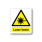 Warning laser beam sticker with yellow hazard triangle and black burst icon, text 'Laser beam'