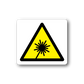 Laser caution sticker with yellow triangle and black warning symbol, white border