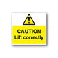 Caution lift correctly sticker with yellow hazard triangle and black text