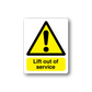 Caution lift out of service sticker with warning triangle and exclamation mark