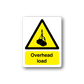 Overhead load caution sticker with yellow triangle, worker icon, and 'Overhead load'.