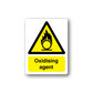 Oxidising agent caution sticker with yellow triangle hazard symbol and bold text