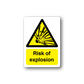 Warning risk of explosion sticker with yellow hazard triangle and 'Risk of explosion' text
