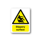 Slippery surface caution sticker with yellow triangle and 'Slippery surface' text