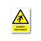 Caution trip hazard sticker: yellow triangle with runner icon and 'Caution trip hazard' text