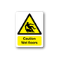 Caution wet floor sticker with yellow hazard triangle and bold text