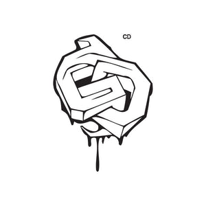 Graffiti-style CD decal with black and white lettering and paint-drip detail