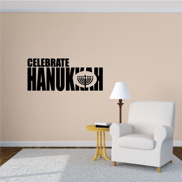 Hanukkah menorah wall decal reading 'CELEBRATE HANUKKAH' with menorah icon