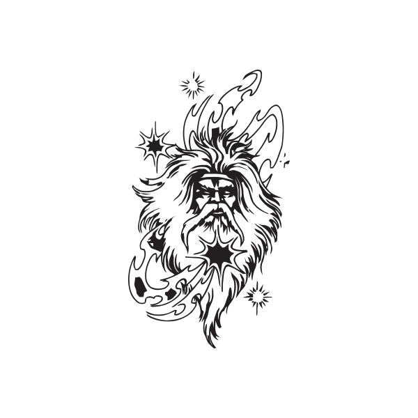 Celestial wizard head decal with star accents and flame-like hair, black line art