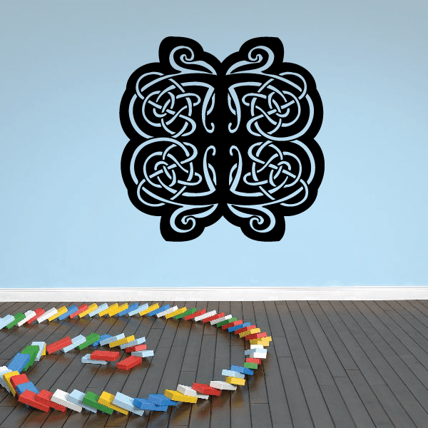 Celtic crest decal with black interwoven knot design in a rounded four-lobed emblem