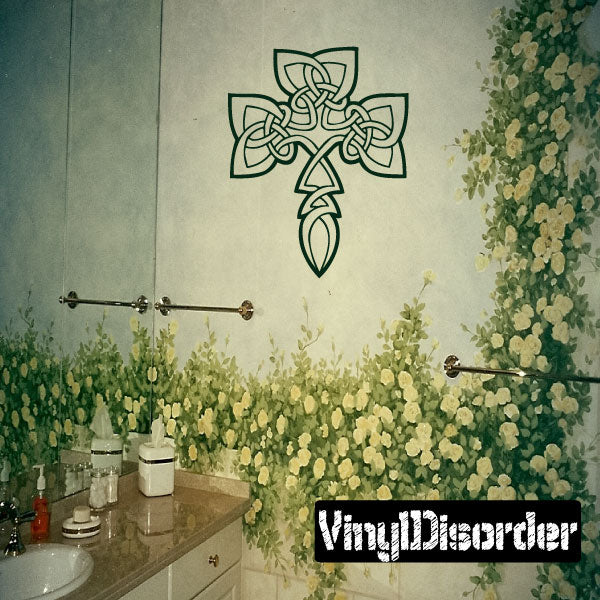 Celtic cross decal in dark green, outlined knot design