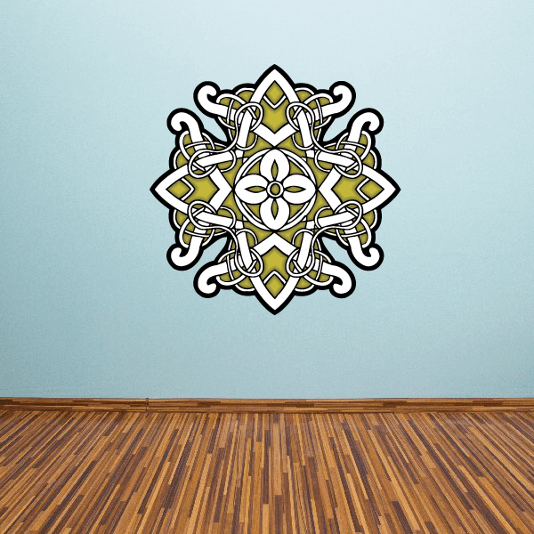 Celtic square sticker with black, white, and yellow interlaced ornament design