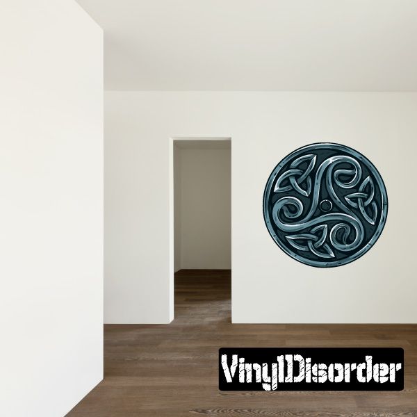 Circular Celtic swirl coin sticker, dark teal and silver metal-look design