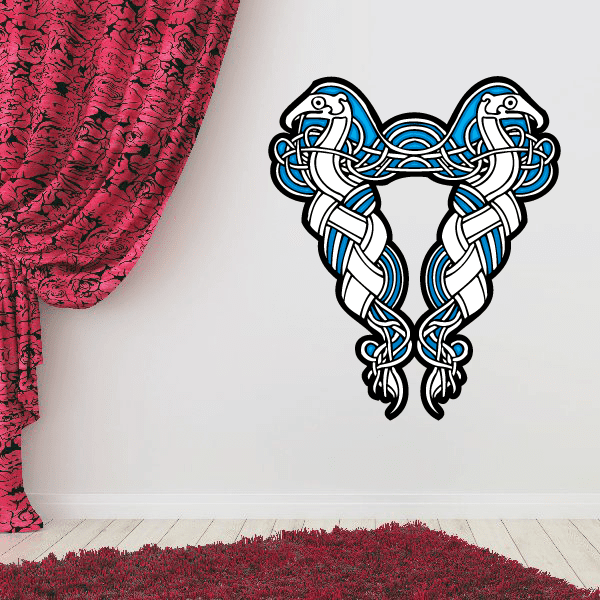 Celtic knot triangle sticker with blue and white knotwork outline on black