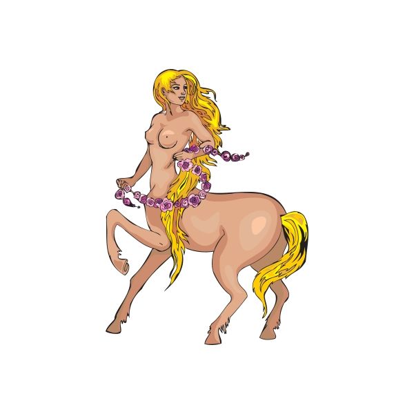 Centaur woman sticker of a blonde figure with purple top and flower details