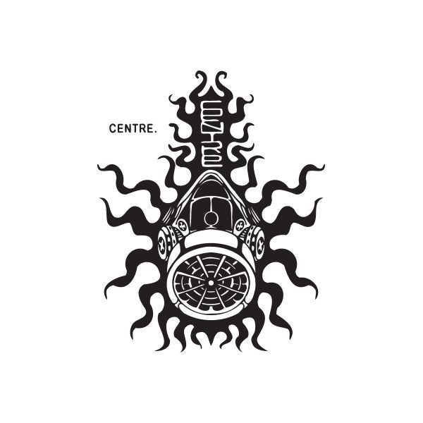 Graffiti-style center decal with circular clock emblem and flame burst, black and white.