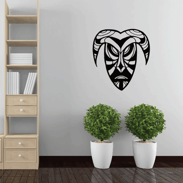 Ceremonial tribal mask decal with bold black-and-white face design
