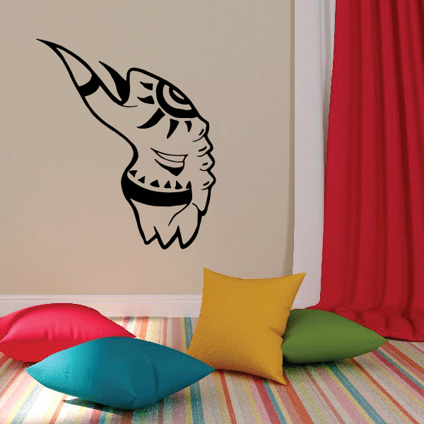 Black sun god mask decal with stylized face and horns