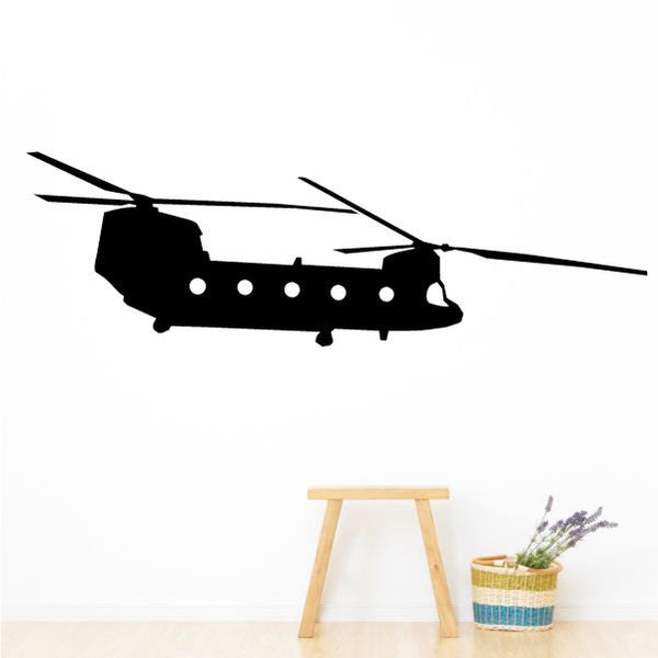 Chinook transport helicopter decal, black side silhouette with rotor details.