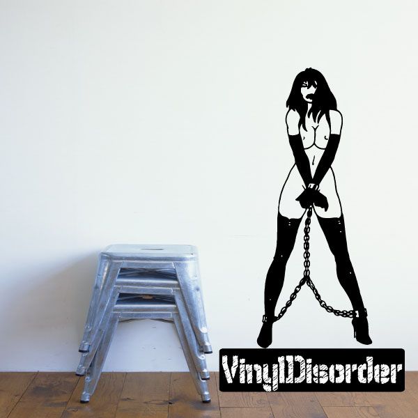 Chained damsel wall decal, black silhouette with handcuffs and chain