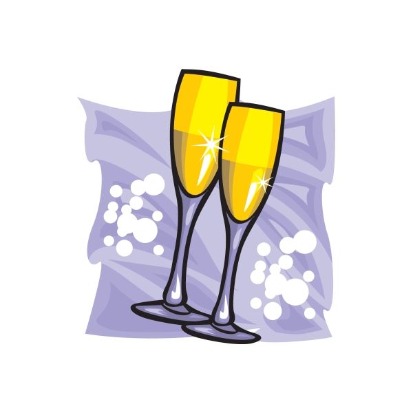 Champagne flute sticker with two gold-rimmed glasses and purple celebratory graphic