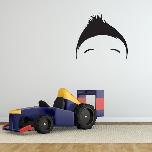 Characterface vinyl wall decal of a black-haired smiling face with closed eyes
