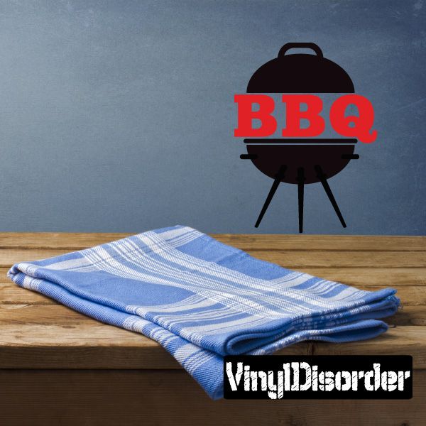 BBQ charcoal grill printed decal with red “BBQ” text and black grill icon