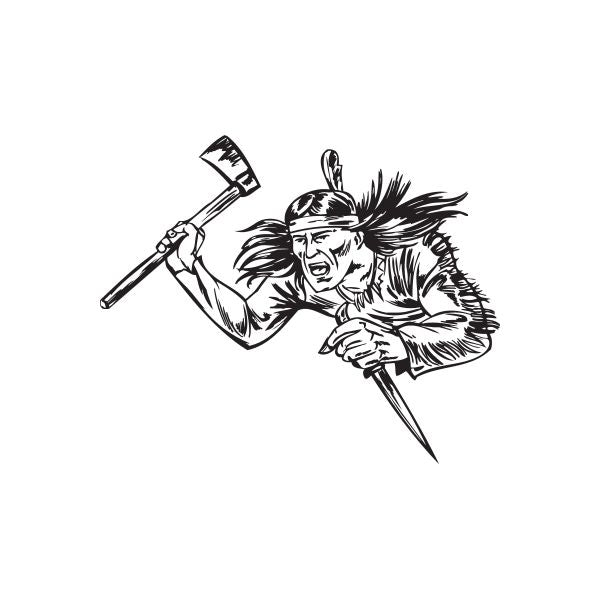 Native American warrior decal, charging figure with feathered headdress and tomahawk and spear
