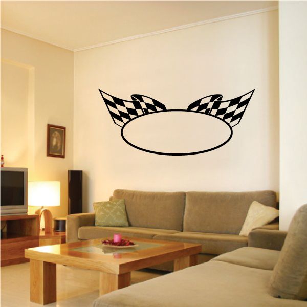 Checkered flag wall decal with black-and-white banner and winged flags