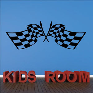 Checkered flag wall decal with crossed racing flags and red Kids Room lettering