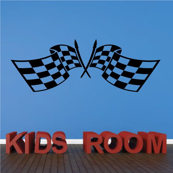 Checkered flag wall decal with crossed racing flags and red Kids Room lettering