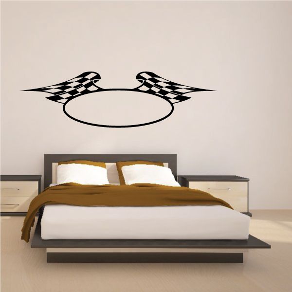 Checkered flag wall decal with two flags and center circle, black and white