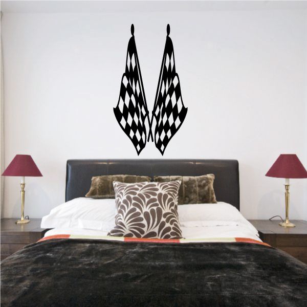 Checkered flag wall decal with two black and white waving flags