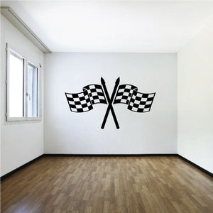 Crossed checkered flag wall decal in black and white vinyl